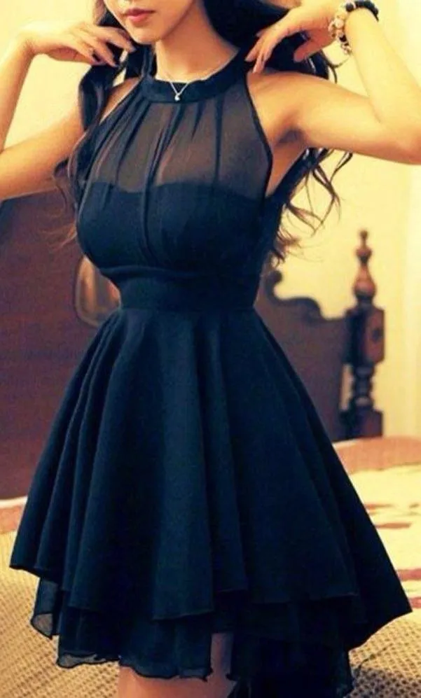 Chiffon Navy Blue Short Prom Dresses For Girls, Halter Homecoming Dress, MH179