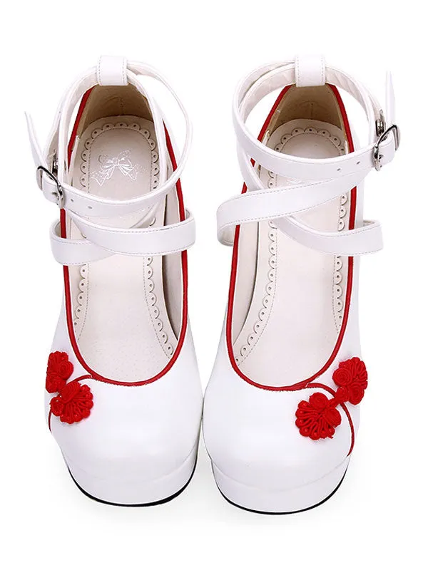 Chinese Style Lolita Shoes Embroidery Strappy Chunky High Heel Lolita Pumps