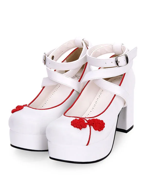 Chinese Style Lolita Shoes Embroidery Strappy Chunky High Heel Lolita Pumps