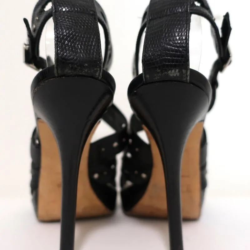 Christian Dior Bubble Sandals Black Lizard-Embossed Leather Size 39 Strappy Heel
