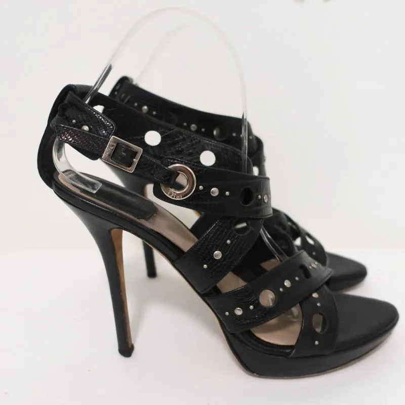 Christian Dior Bubble Sandals Black Lizard-Embossed Leather Size 39 Strappy Heel
