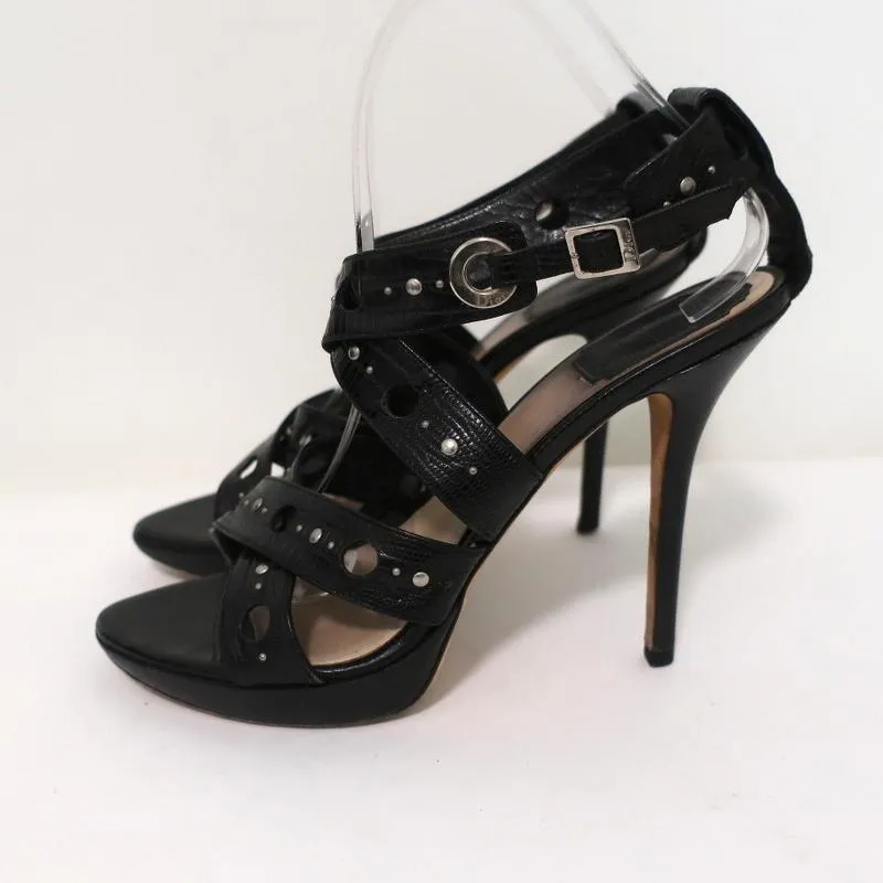 Christian Dior Bubble Sandals Black Lizard-Embossed Leather Size 39 Strappy Heel