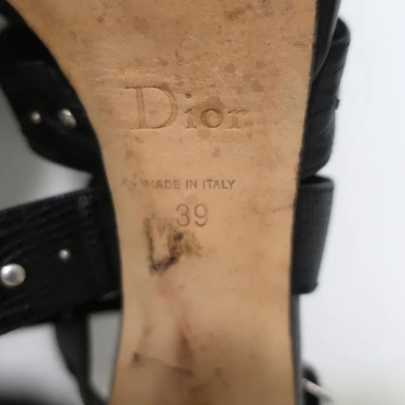 Christian Dior Bubble Sandals Black Lizard-Embossed Leather Size 39 Strappy Heel
