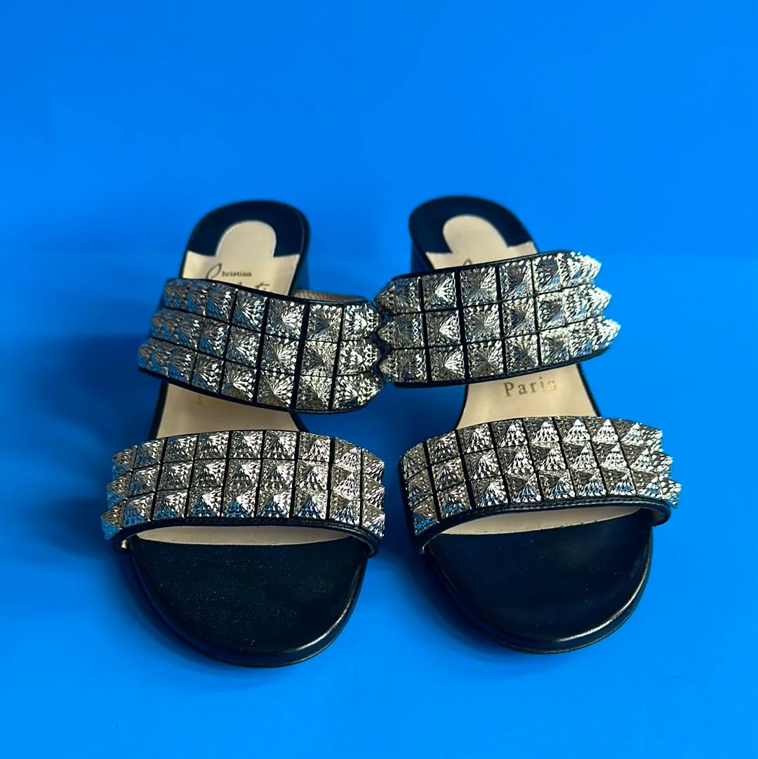 Christian Louboutin Silver Two Strap Open Toe Sandal with Chunky Heel