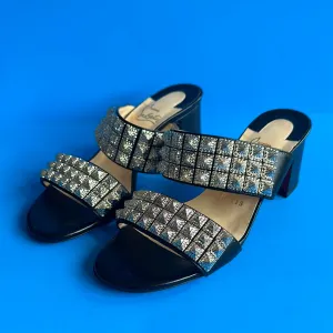 Christian Louboutin Silver Two Strap Open Toe Sandal with Chunky Heel
