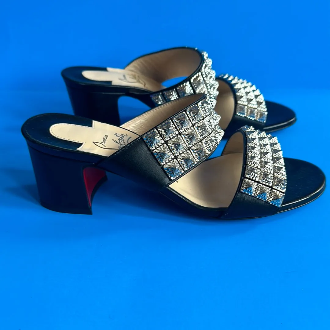 Christian Louboutin Silver Two Strap Open Toe Sandal with Chunky Heel