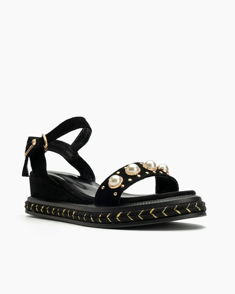 (Clean Up - US 10) Faux Pearl Decor Ankle Strap Wedge Sandals
