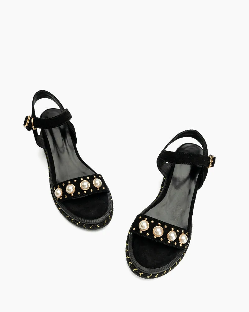(Clean Up - US 10) Faux Pearl Decor Ankle Strap Wedge Sandals