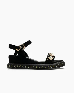 (Clean Up - US 10) Faux Pearl Decor Ankle Strap Wedge Sandals