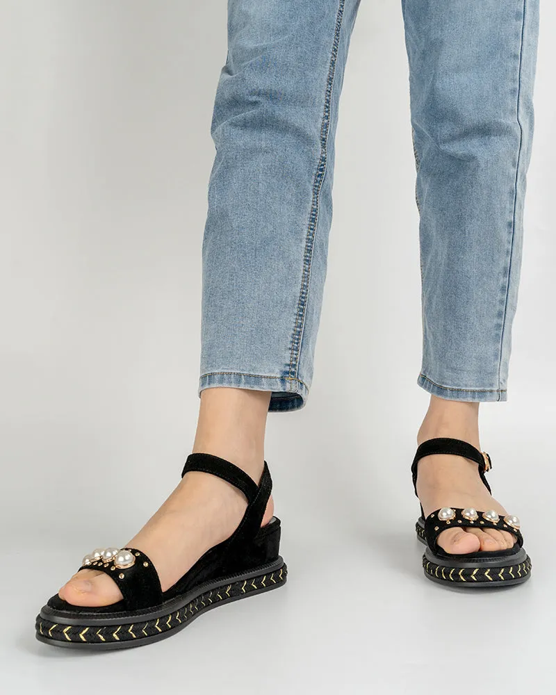 (Clean Up - US 10) Faux Pearl Decor Ankle Strap Wedge Sandals