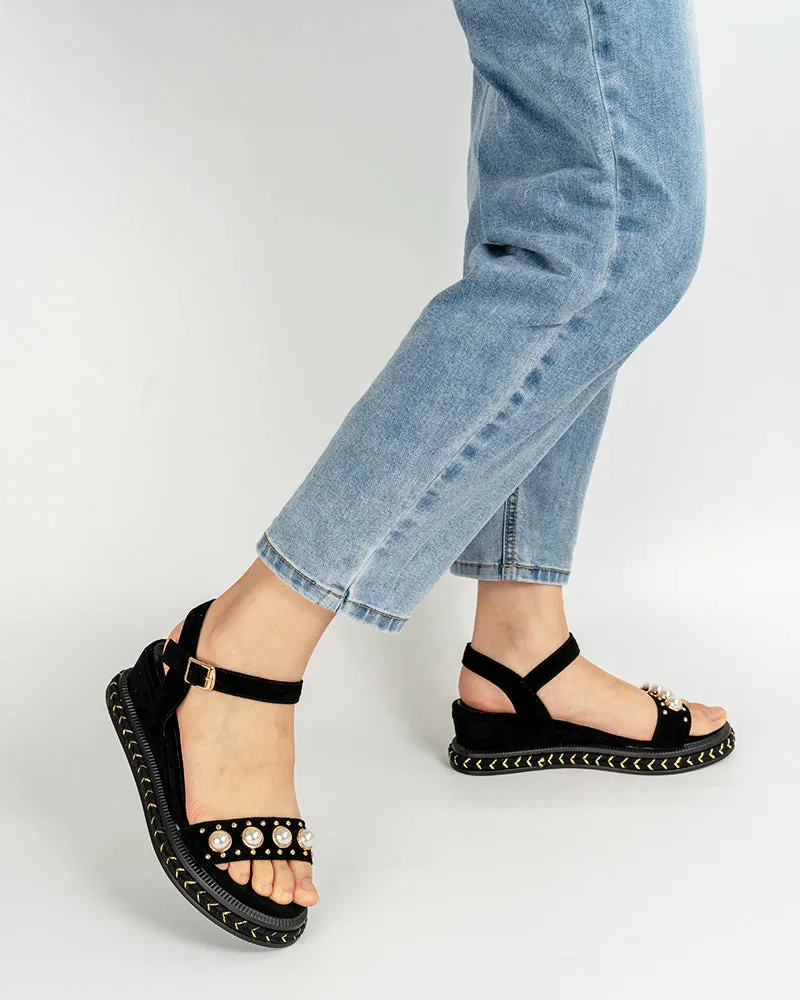 (Clean Up - US 10) Faux Pearl Decor Ankle Strap Wedge Sandals