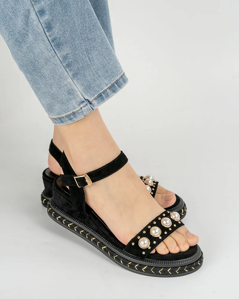(Clean Up - US 10) Faux Pearl Decor Ankle Strap Wedge Sandals