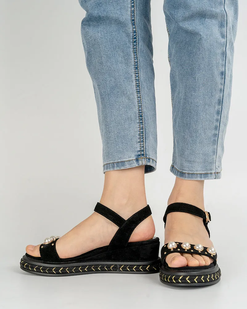 (Clean Up - US 10) Faux Pearl Decor Ankle Strap Wedge Sandals