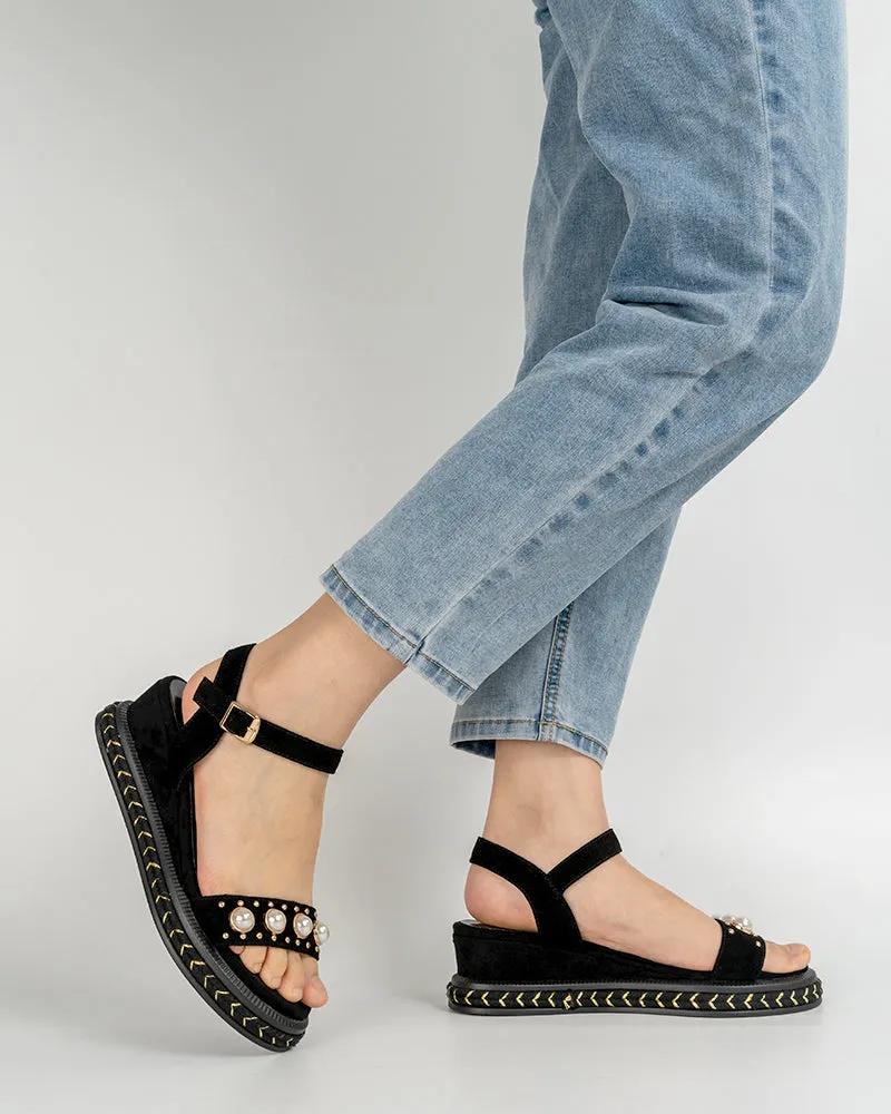 (Clean Up - US 10) Faux Pearl Decor Ankle Strap Wedge Sandals