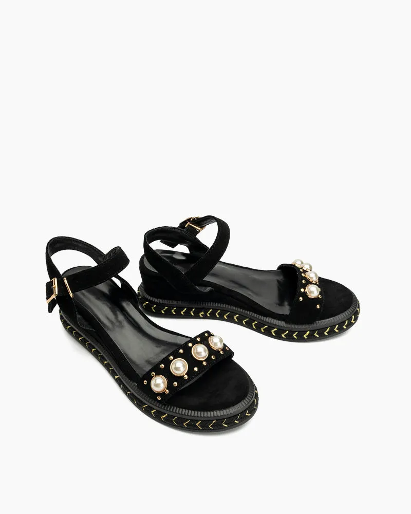 (Clean Up - US 10) Faux Pearl Decor Ankle Strap Wedge Sandals