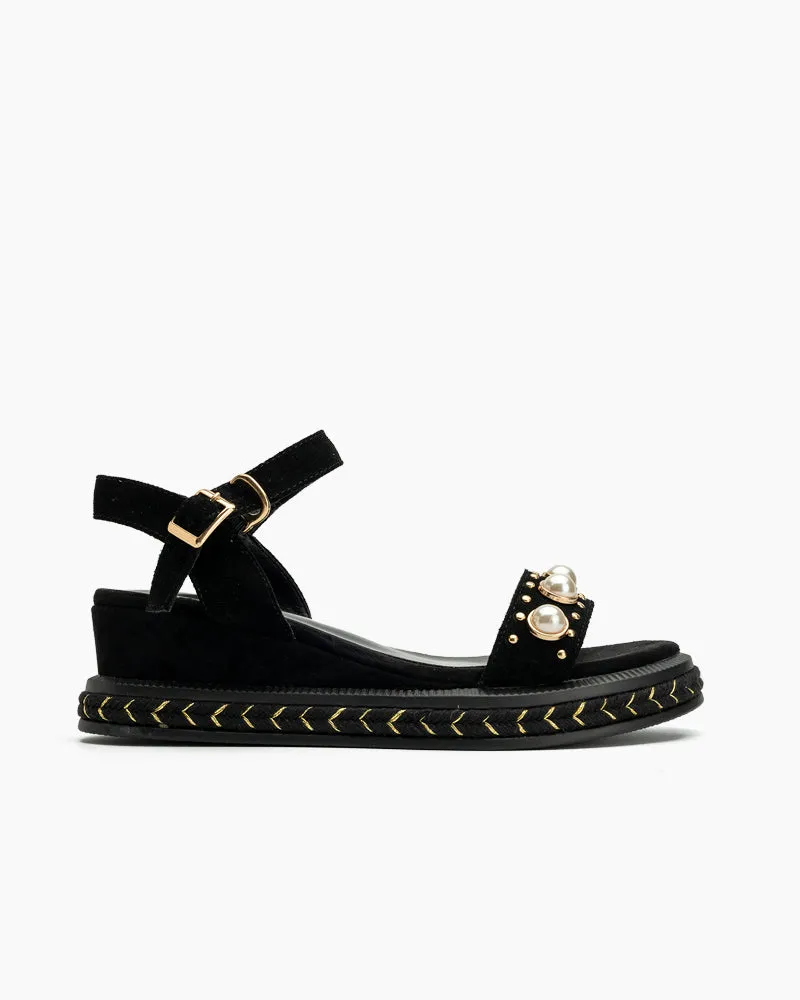 (Clean Up - US 10) Faux Pearl Decor Ankle Strap Wedge Sandals