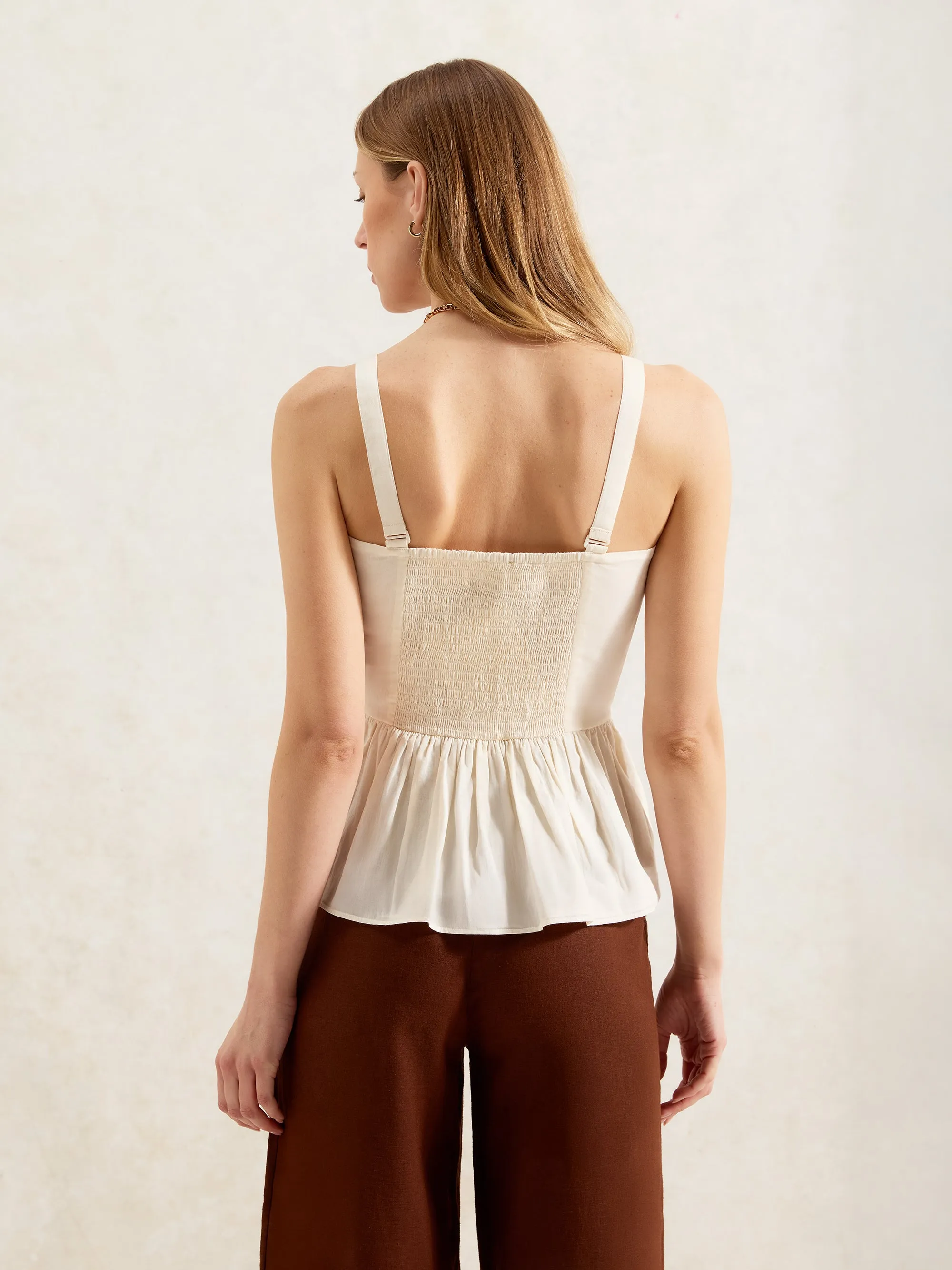 Cream Cotton Ruched Peplum Top