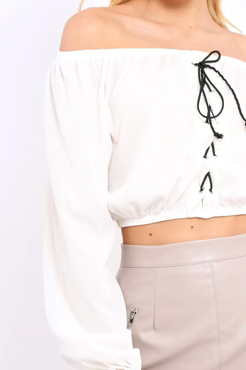 Cream Ribbed Lace Up Bardot Crop Top - Sara