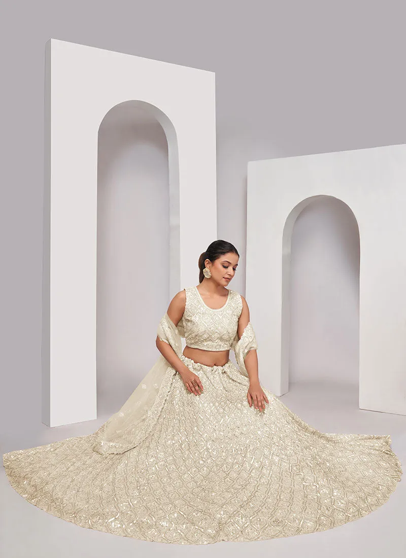 Crème White Sequence Embroidery Wedding Lehenga Choli