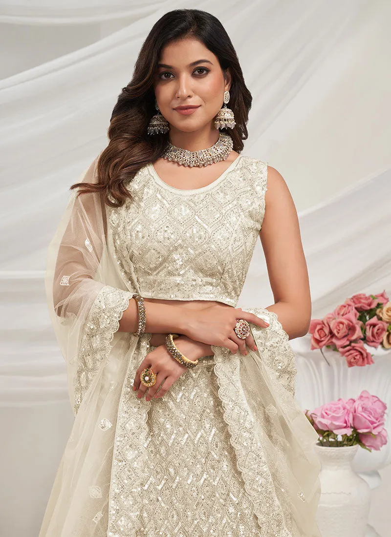 Crème White Sequence Embroidery Wedding Lehenga Choli