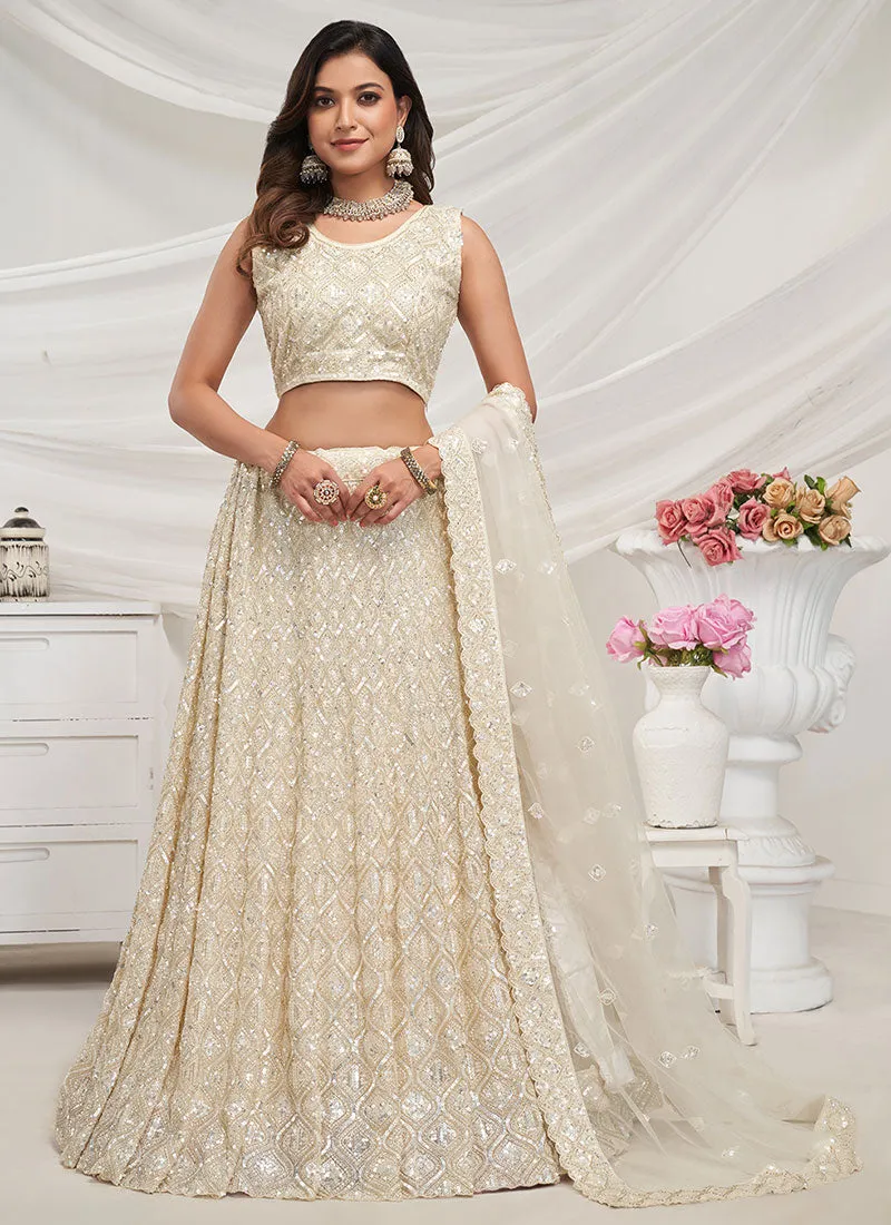 Crème White Sequence Embroidery Wedding Lehenga Choli