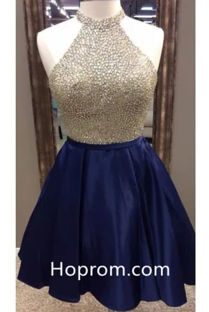 Crystal Sexy Halter Homecoming Dresses, Navy Blue Homecoming Dress