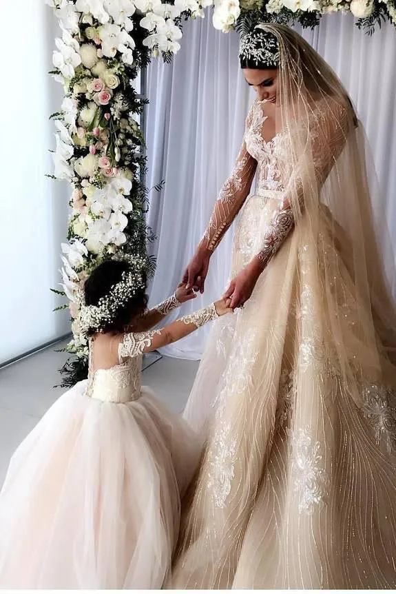 Cute Off the Shoulder Long Sleeves Lace Appliques Tulle Flower Girl Dresses  OHR015