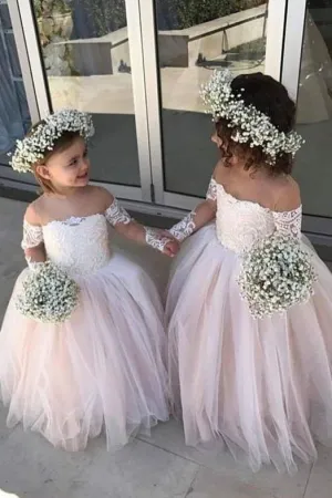 Cute Off the Shoulder Long Sleeves Lace Appliques Tulle Flower Girl Dresses  OHR015