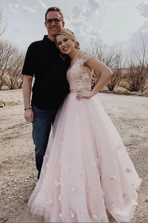 Cute Two Pieces V Neck Cap Sleeves Pink Lace Applique Long Tulle Prom Dress Party Dress OHC358