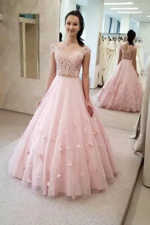 Cute Two Pieces V Neck Cap Sleeves Pink Lace Applique Long Tulle Prom Dress Party Dress OHC358