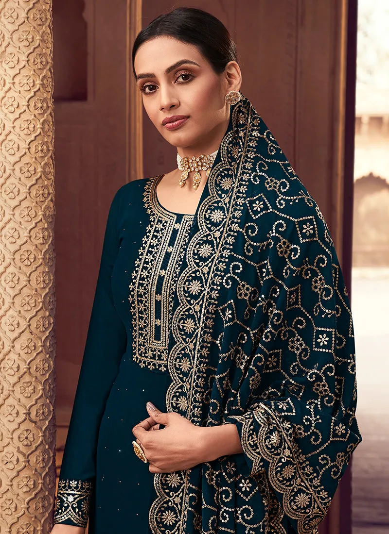 Dark Blue Sequence Embroidery Festive Pant Style Suit