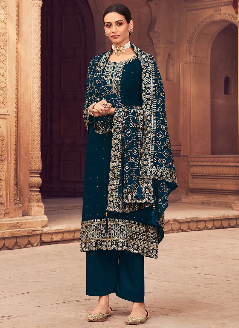 Dark Blue Sequence Embroidery Festive Pant Style Suit