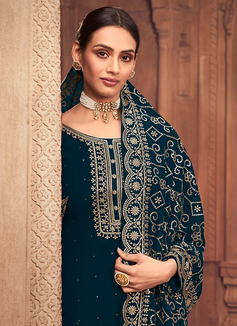 Dark Blue Sequence Embroidery Festive Pant Style Suit