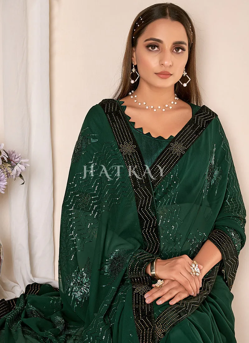 Dark Green Sequence Embroidery Georgette Saree