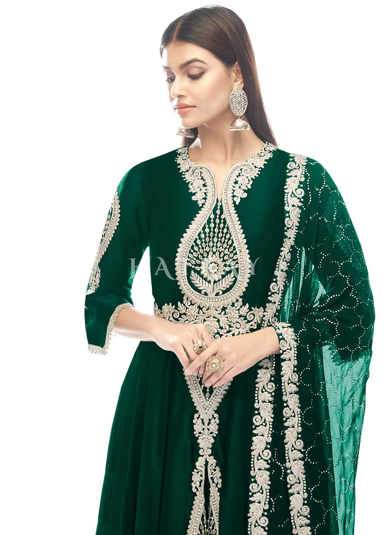 Dark Green Zari Embroidered Slit Style Anarkali Pant Suit