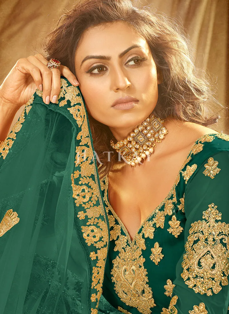 Dark Green Zari Embroidery Wedding Lehenga Choli