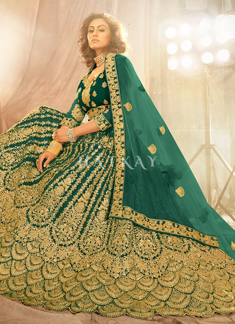 Dark Green Zari Embroidery Wedding Lehenga Choli