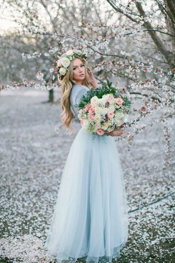 Deep V neck Boho Wedding Dress With Long Sleeve Rustic Wedding Dresses OHD214