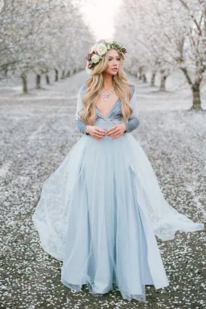 Deep V neck Boho Wedding Dress With Long Sleeve Rustic Wedding Dresses OHD214
