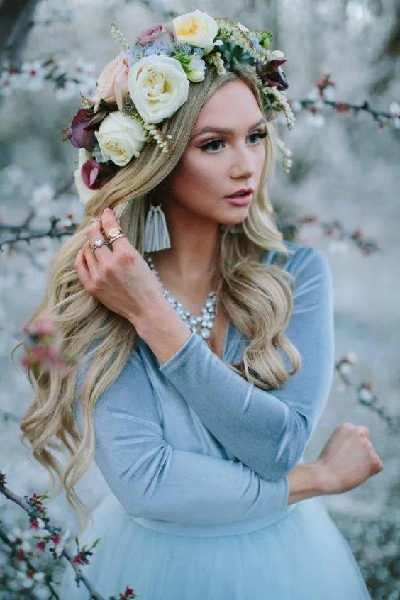 Deep V neck Boho Wedding Dress With Long Sleeve Rustic Wedding Dresses OHD214