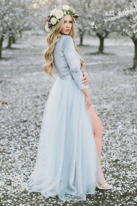 Deep V neck Boho Wedding Dress With Long Sleeve Rustic Wedding Dresses OHD214