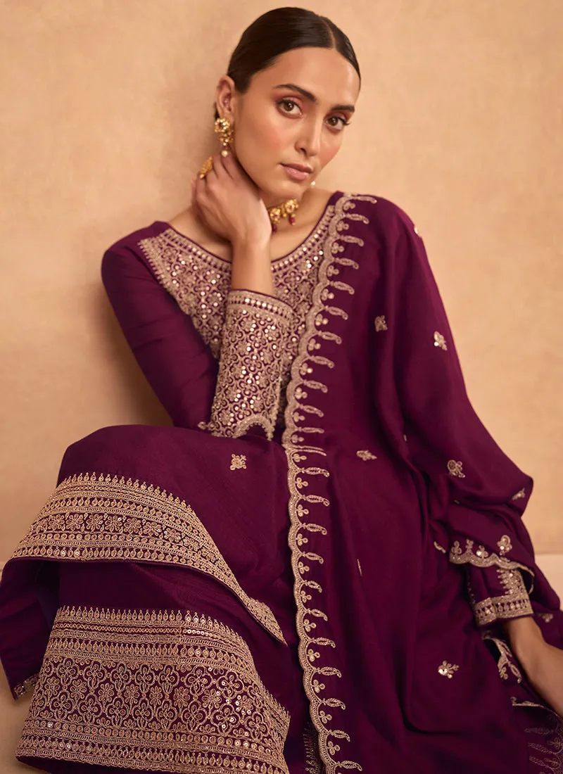 Deep Wine Embroidery Silk Festive Palazzo Suit
