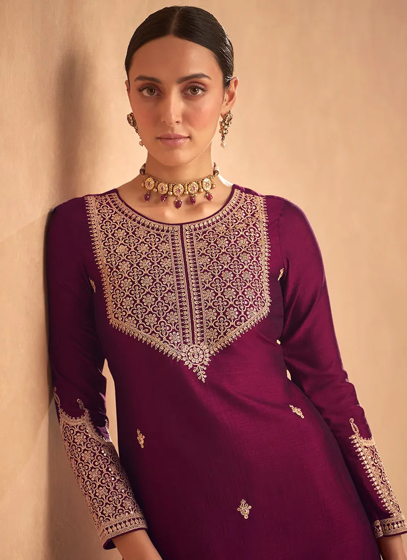 Deep Wine Embroidery Silk Festive Palazzo Suit