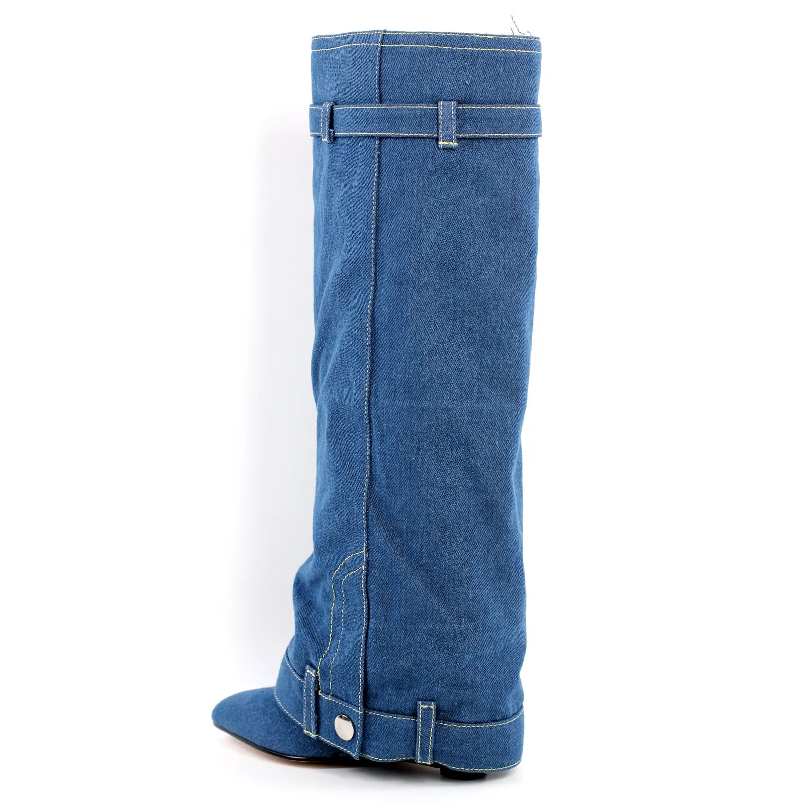 Denim Pointed Toe Wedge Heel Fold Over Boots