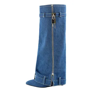 Denim Pointed Toe Wedge Heel Fold Over Boots