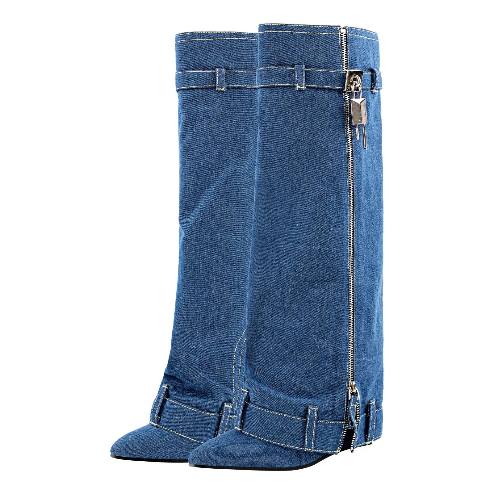 Denim Pointed Toe Wedge Heel Fold Over Boots