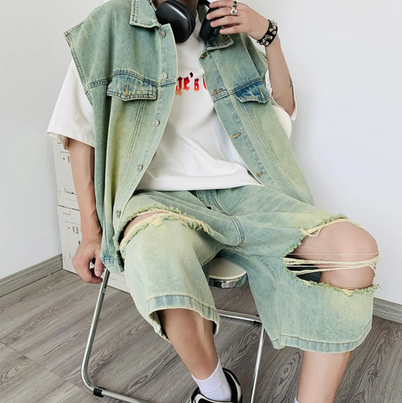 Denim tank and shorts suit -D258 | Inspanda