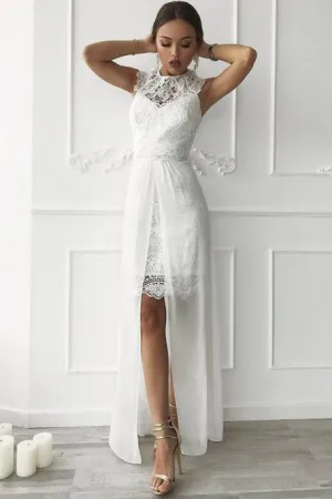 Detachable Train Sheath Jewel Sleeveless Lace Beach Wedding Dress OHD038