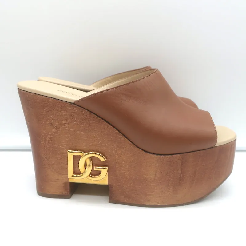 Dolce & Gabbana Brigitte Logo Wood Platform Wedge Sandals Brown Leather Size 36