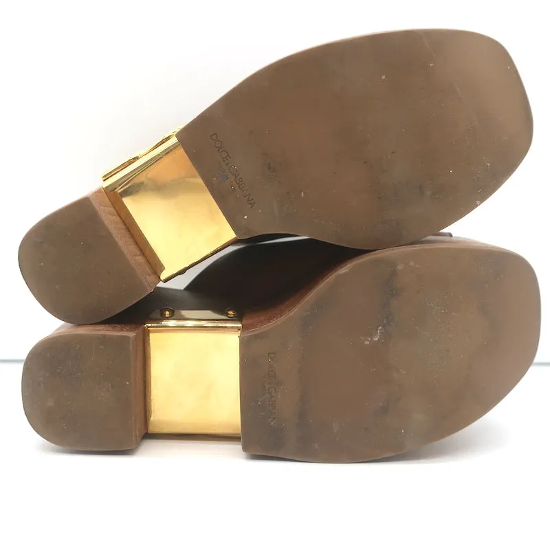 Dolce & Gabbana Brigitte Logo Wood Platform Wedge Sandals Brown Leather Size 36